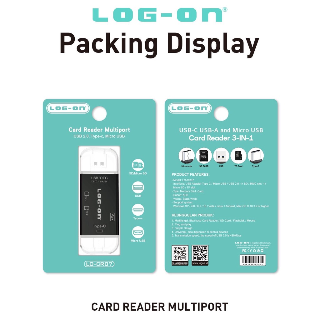 LOG ON CARD READER LO-CR07 3IN1 USB ADAPTER TYPE C/MICRO-USB/USB 2.0,SD/MMC SLOT