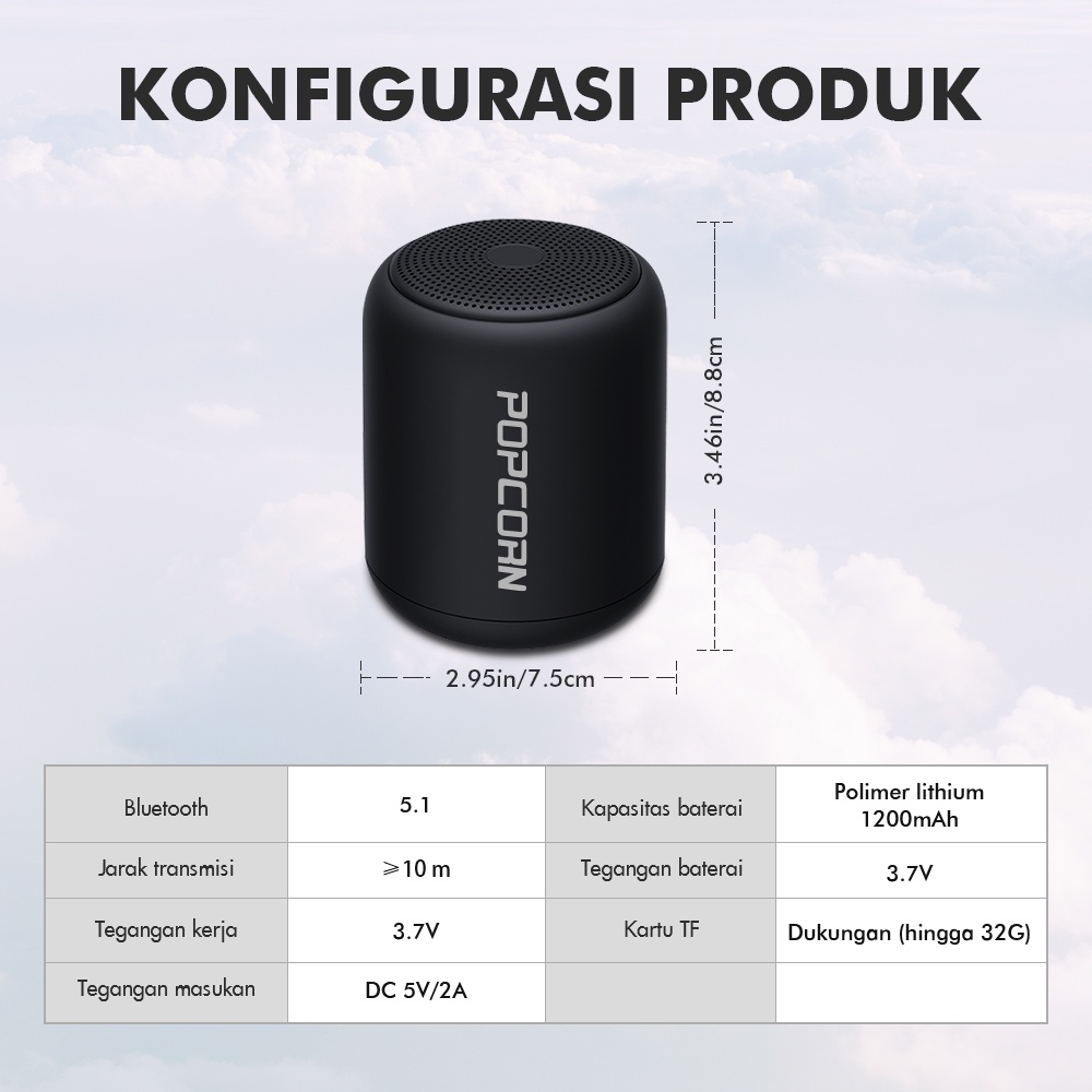 POPCORN Portable Speaker Bluetooth 5.1 Stereo Speaker Built-In Call Mikrofon Cocok untuk Pesta Musik/Camping/Gunung