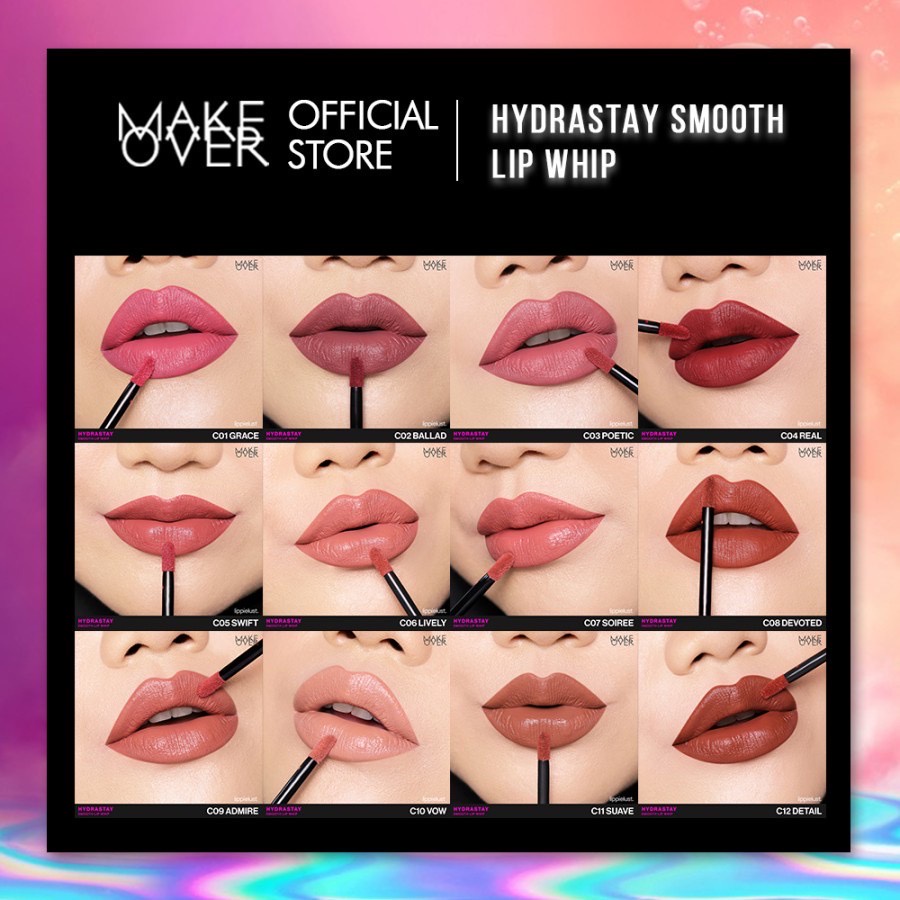 MAKE OVER Hydrastay Smooth Lip Whip Indonesia / Lip Cream 6.5g / Hydra Matte Velvet Blurry Finish Intense Color Storm Pigment / Hydra Smooth Finish / Makeup Cosmetic Lips Make Up Kosmetik Wajah Bibir Lipstick Lipstik Gincu / Makeover Hydra Stay Series