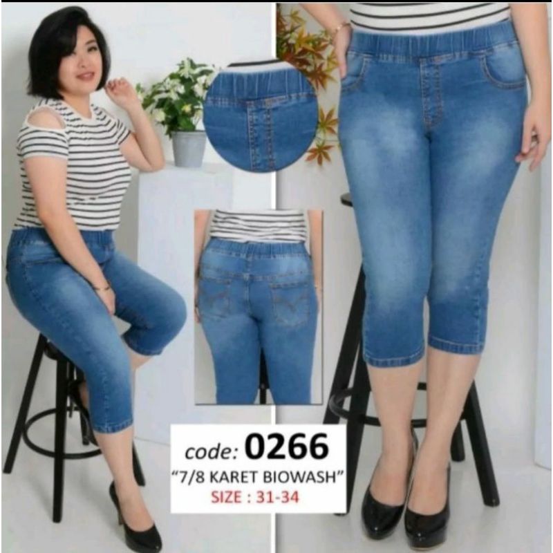 Celana Jeans 7/8 Wanita Pinggang Karet Legging Jegging