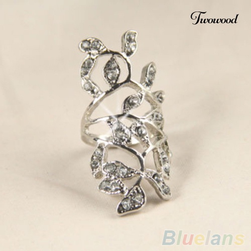 Twowood Fashion Wanita's Berlian Imitasi Mengkilap Berongga Daun Bersama Armor Knuckle Cincin Perhiasan