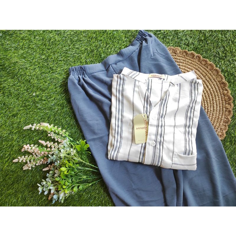 setelan wanita terbaru 2023/oneset botega cringkle/outfit terbaru/korean style/fashion modern/one set kekinian/baju jalan jalan/set crincle airflow/ootd fashion/setcelana panjang-Denim