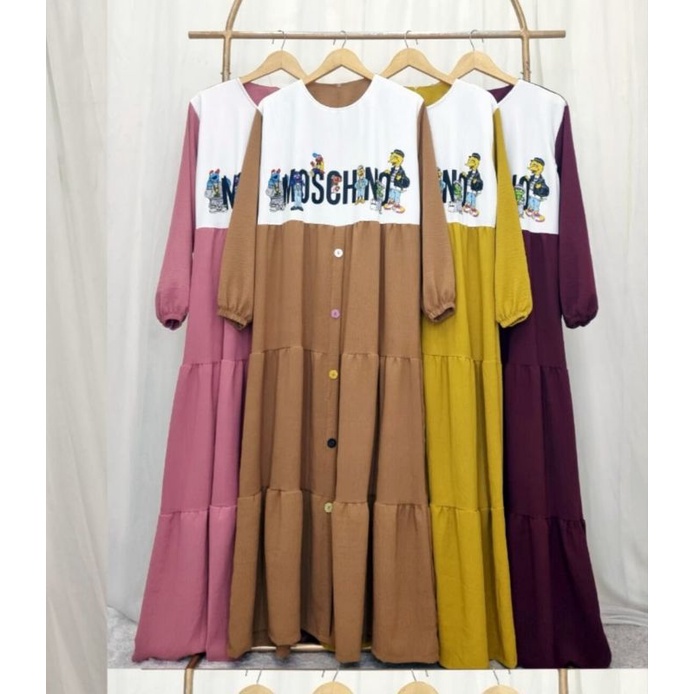 Baju Gamis CREPE Sablon Wanita MOSCHINO Dewasa Terbaru