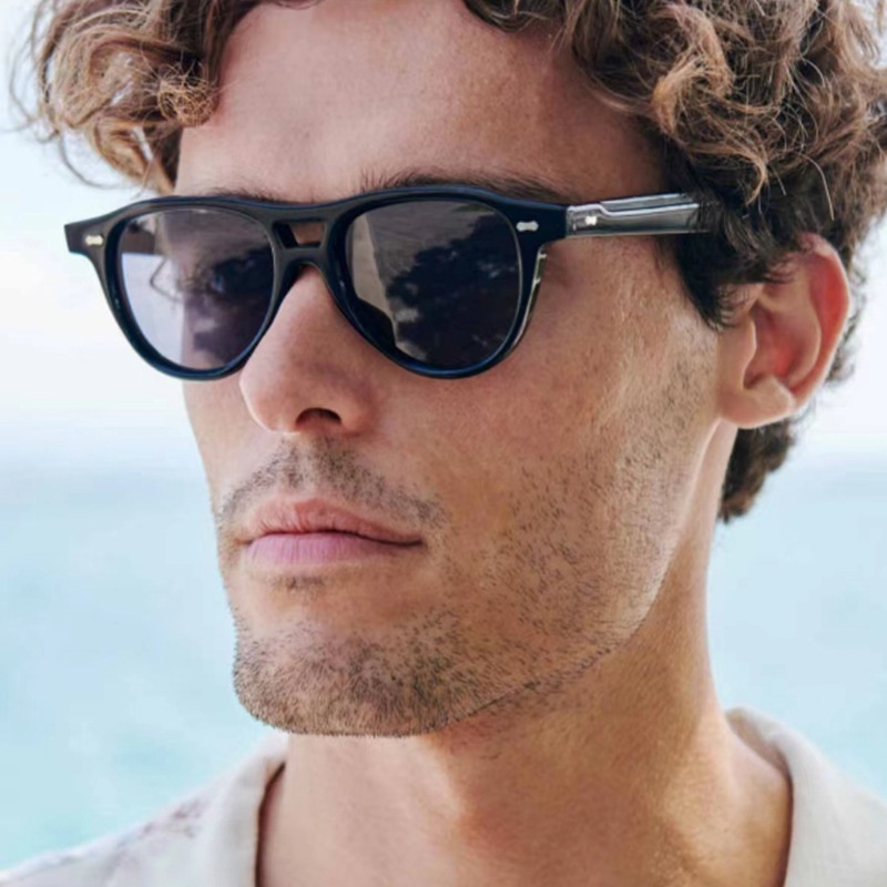 (YUZHU) Gaya Retro Padi Kuku Balok Ganda Putaran Bingkai Kacamata Hitam Desain Gaya Baru Pantai Anti UV Sunglasses