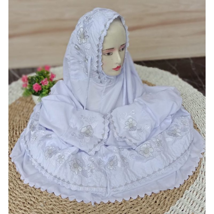 Mukena Mukenah Terusan/Lajuran Bordir Polino Putih Polos Dewasa Bunga