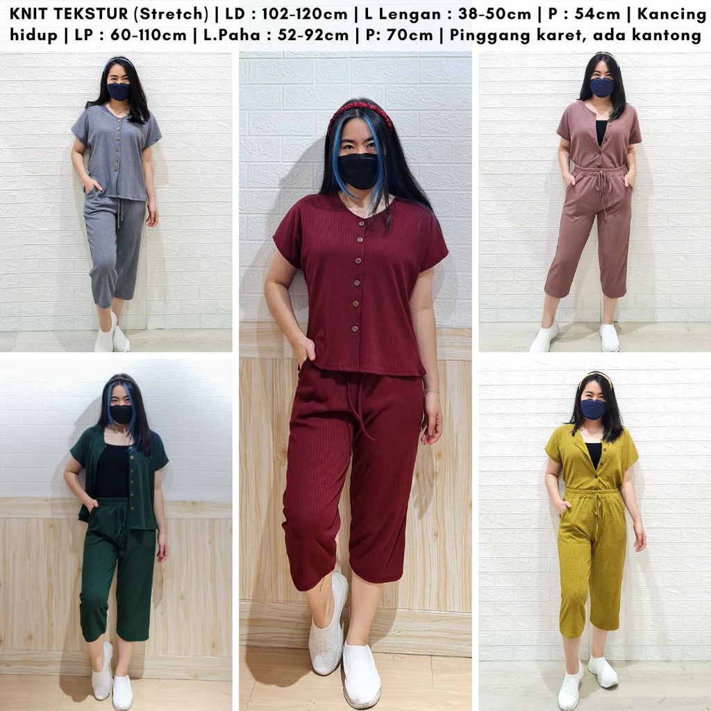 4386 eastrine button knit one set knit button one set polos rib one setelan rajut busui friendly 4181