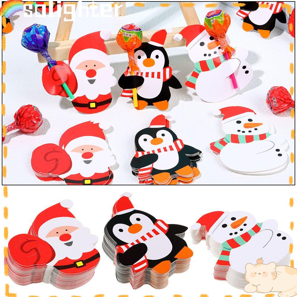 Solighter 50Pcs Kartu Lollipop Snowman Santa Hadiah Anak Kartun Kue Pops