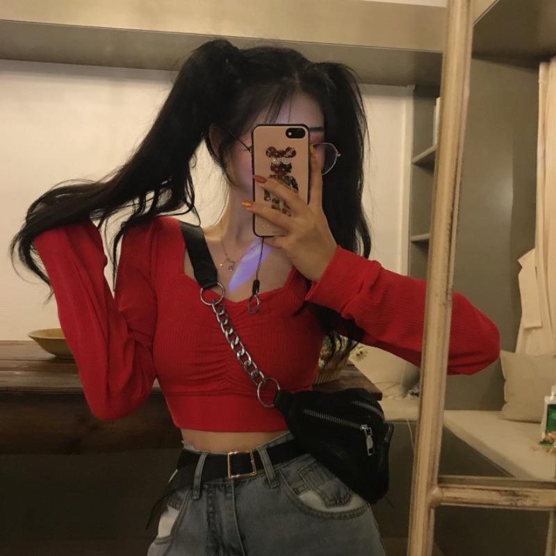 Red Net Merah Lengan Panjang T-shirt Wanita Self-Budidaya Dalam Kerah Persegi Pendek Crop Top Asing Gelembung Lengan kemeja Spring Tide