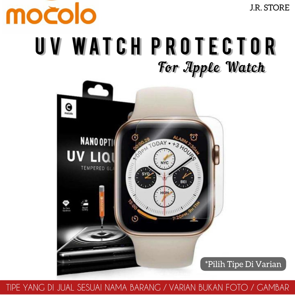 MOCOLO UV TEMPERED GLASSAPPLE WATCH SERI 8 / SERI 7 / SERI 6 / SERI 5 / SERI 4 / SERI 3 / SERI 2 / SERI SE (Gen2 &amp; Gen1) / SIZE 45mm / 41mm / 44mm / 40mm / 42mm / 38mm ANTI GORES APPLE WATCH NANO GLASS