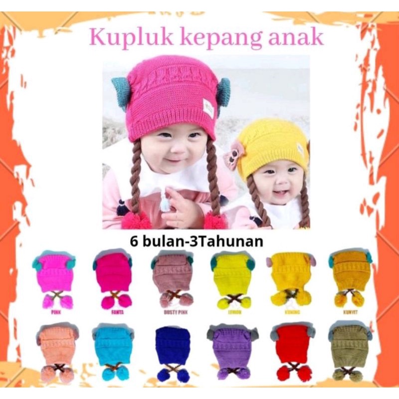 Kupluk kepang  pita anak rajut manual 1th sd 3th