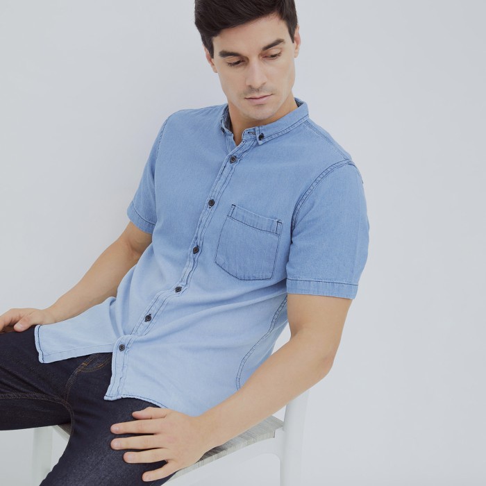 Original Hillboss Kemeja Jeans Lengan Pendek Pria Denim Shirt Two Tone - Ds004