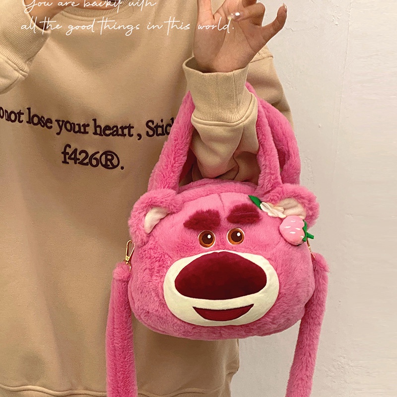 ™☒□Sera strawberry bear bag female 2022 new plush bag large capacity portable tote bag cute student commuting bag