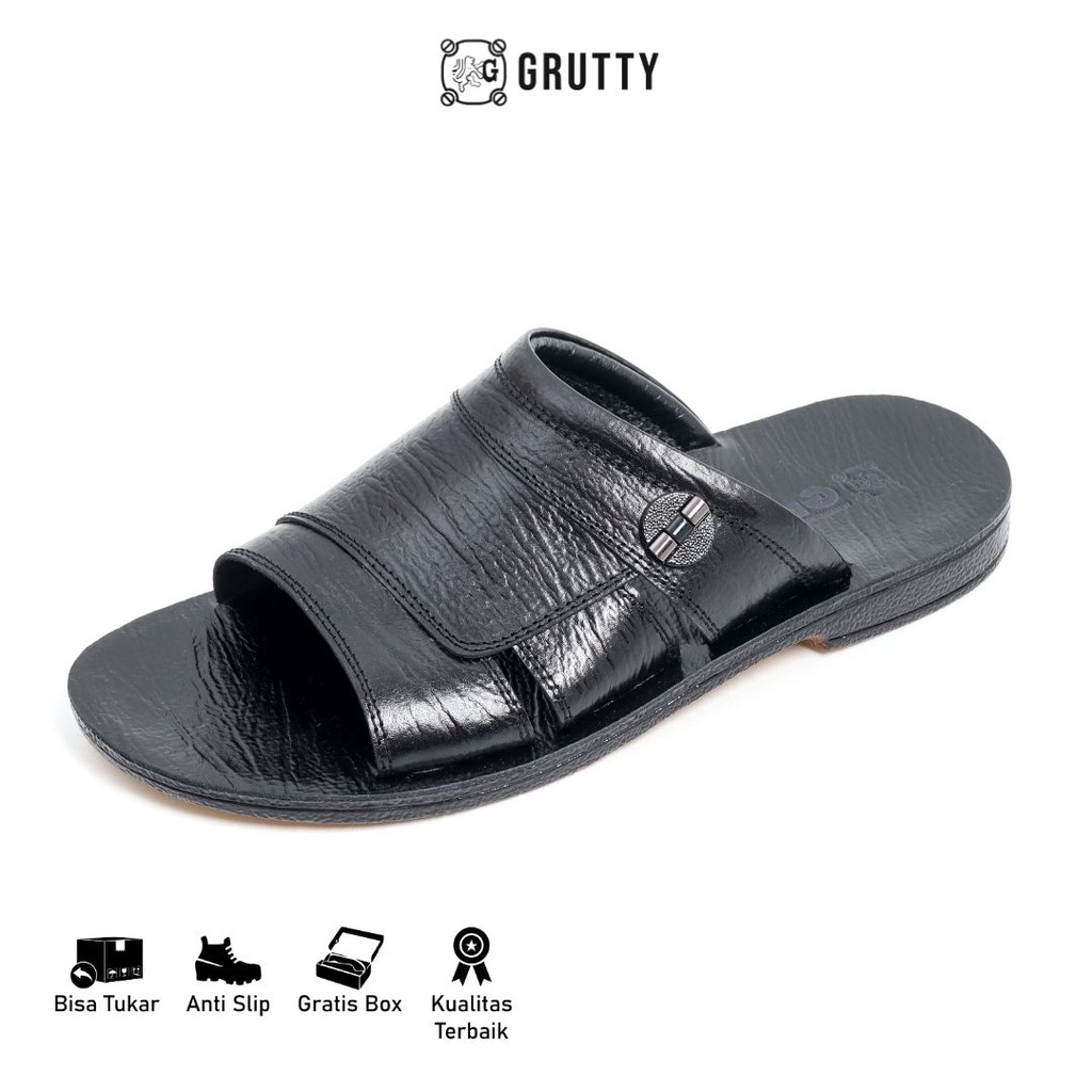 Grutty Sandal Pria Sendal Kokop Cowok Kulit Asli Casual Slide Premium Hitam