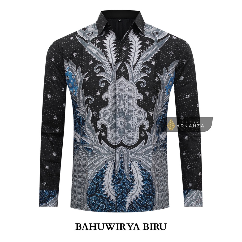 BATIK ARKANZA Motif BAHUWIRYA BIRU Hem Atasan Kemeja Baju Batik Pria Cowok Laki Laki Slimfit Full Lapis Furing Lengan Panjang Lengan Pendek Original Asli