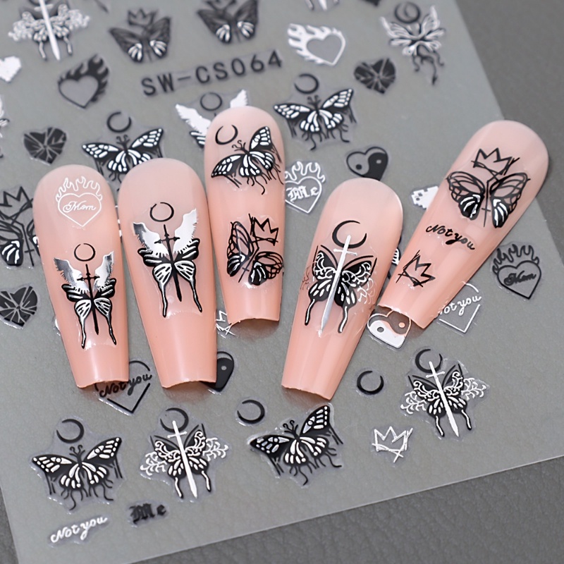 Diy Art Nail Decal Dark Butterfly Moon Peningkatan Kuku Stiker Tekstur 3D Cinta Stiker Kuku