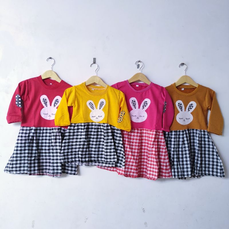 Dress anak 2 3 4 5 Tahun cewek perempuan Dress motif kotak Rabbit Viral kelinci playboy