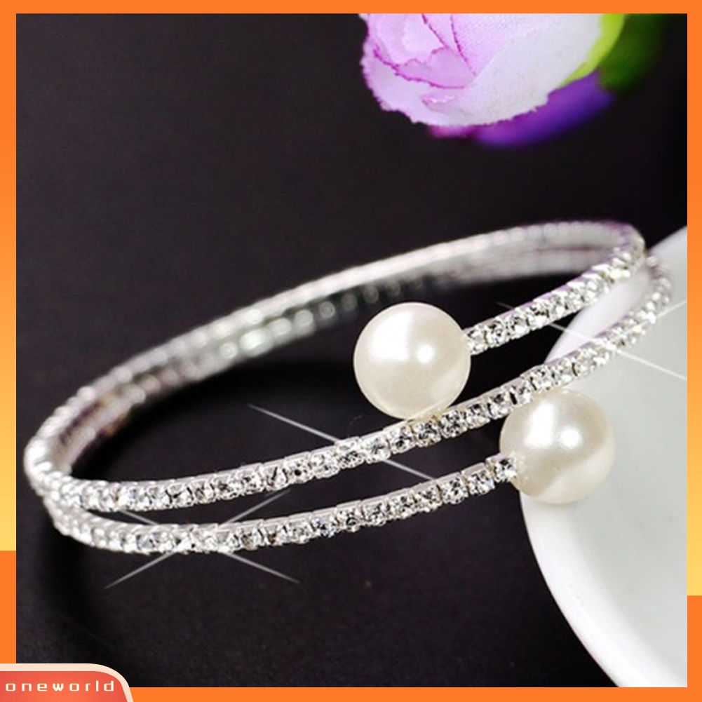 {oneworld} Wanita Penuh Berlian Imitasi Multi-layer Gelang Pergelangan Tangan Mutiara Imitasi Manset Terbuka Bangle