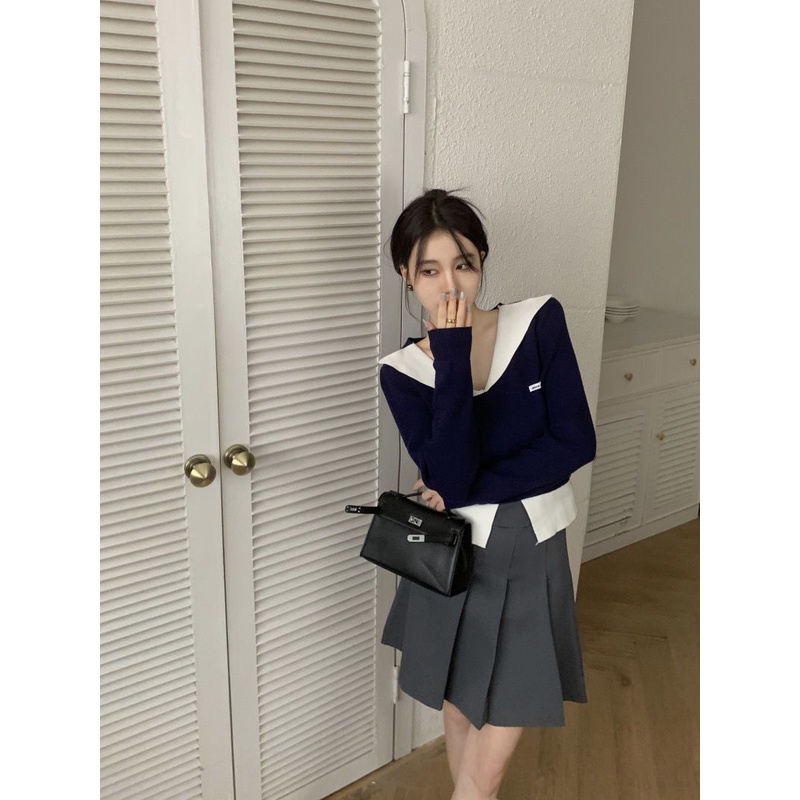 Red Gaya perguruan tinggi v-neck sweater warna kontras wanita musim gugur dan musim dingin baru yang chic dan unik atasan pendek palsu dua potong kemeja bottoming rajutan