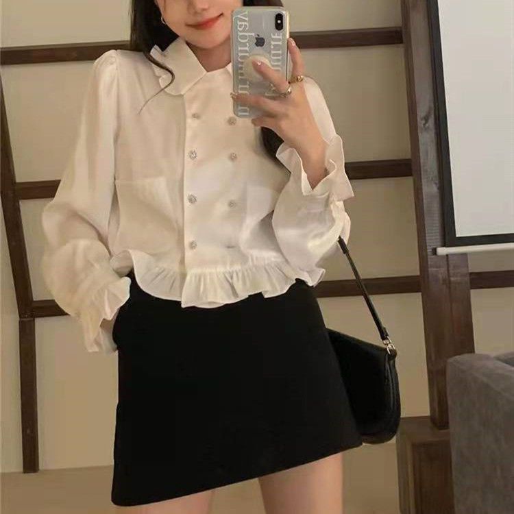 Red 2022 musim semi baru putih mengacak-acak kemeja boneka Perancis kerah pinggang ramping kemeja wanita trendi