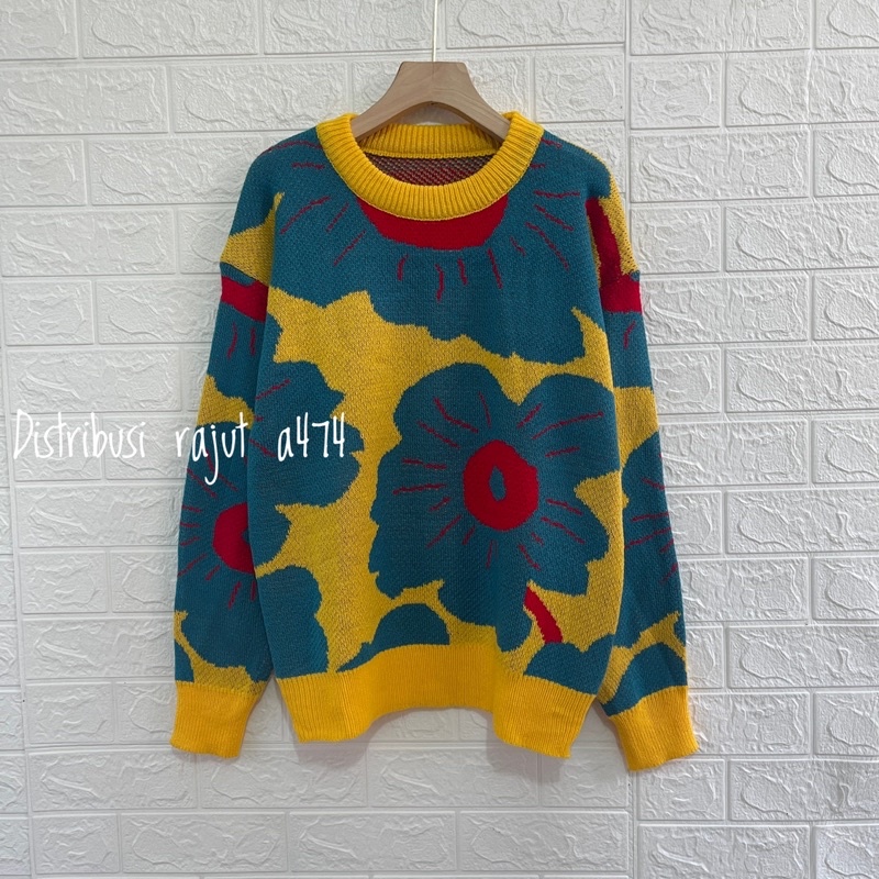 GALAXI SWEATER RAJUT MOTIF BUNGA OVERSIZE ATASAN LENGAN PANJANG