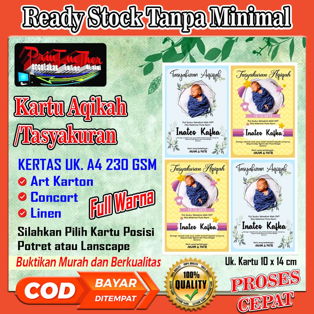 

Kartu Aqikah Tasyakuran/Ulang Tahun Ukuran A4 Kertas Art Karton, Concort, Linen 260 Gsm + Desain