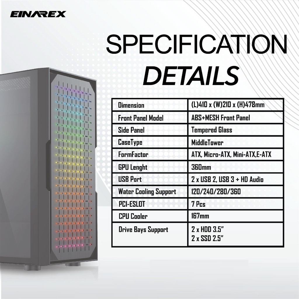 Gaming Case EINAREX KIEM | Casing PC Tempered Glass E-ATX