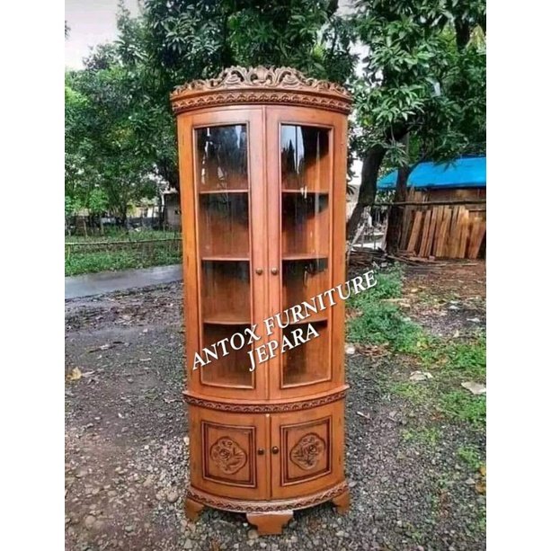 lemari sudut ukiran kayu jati mebel Jepara
