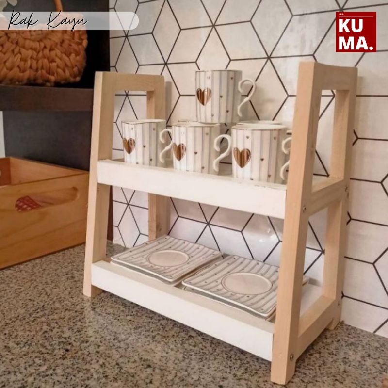 KUMA Rak Dapur Kayu Susun 2 Tingkat Aesthetic Minimalist Varnish Cantik Putih