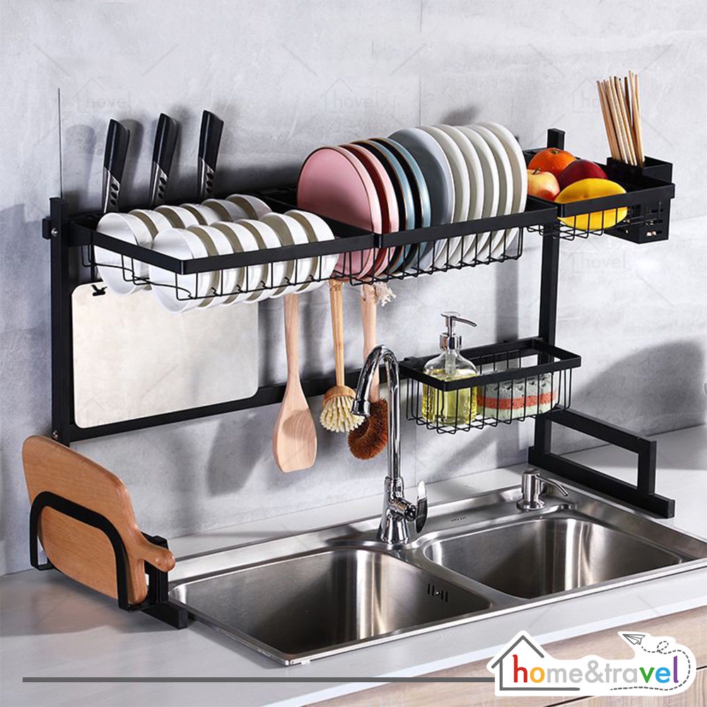 HOVELSHOP Rak Piring Dapur Wastafel Stainless Hitam Anti Karat Kuat 2 Susun 85 cm