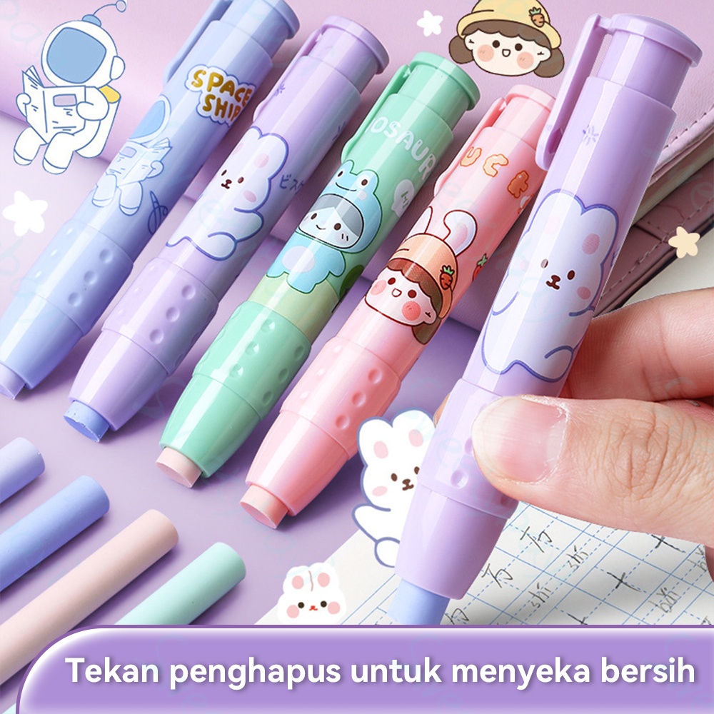 Sweetybayi Penghapus mekanik anak set Sliding eraser kartun Mechanic eraser dengan 2pc refill