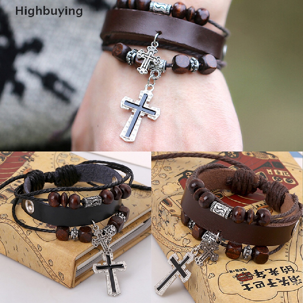 Hbid Hot Stylish Faux Leather Punk Gelang Bangle Salib Liontin Bungkus Gelang Glory