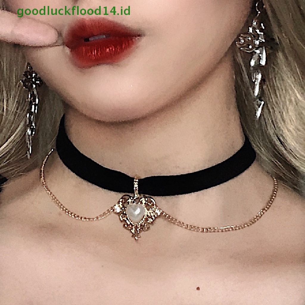 [GOOGFOUR] Vintage Velvet Black Choker Love Heart Pendant Kalung Untuk Wanita Gadis Hadiah [TOP]