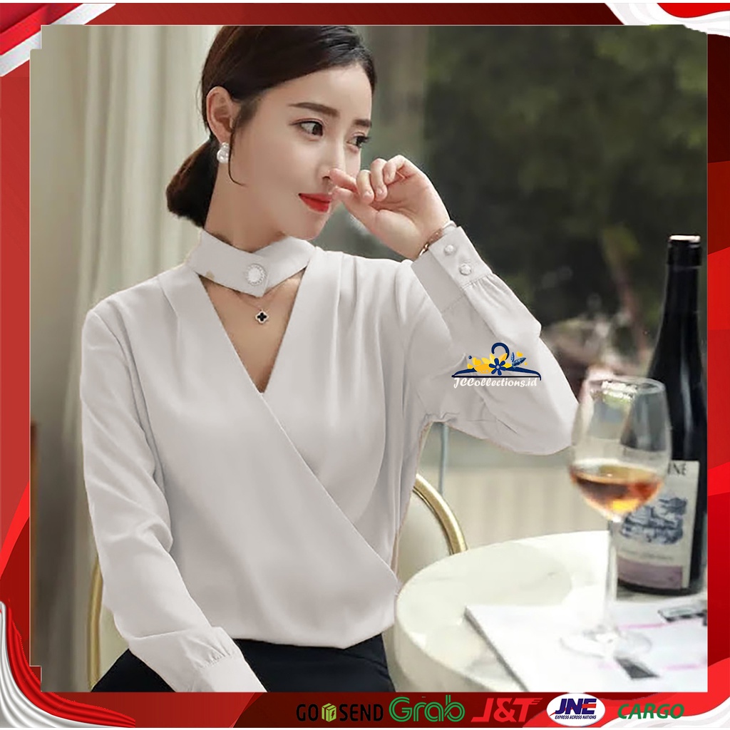 JCCollections Blouse Korea Style Satin Velvet leher tinggi Wanita Gaya Korea Lengan Panjang Minna