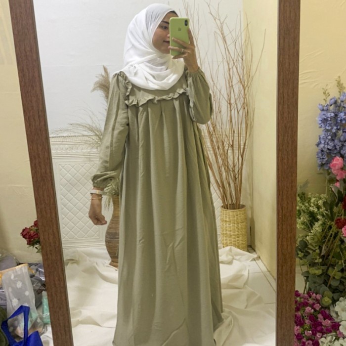 PROMO BAJU GAMIS WANITA KATUN CRINKLE AIRFLOW PREMIUM || DRESS MUSLIM LIVI - SAGE GREEN TERLARIS TER