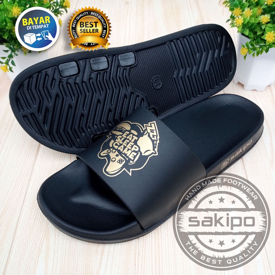 PROMO 2.2 COD SALE !! SENDAL DISTRO KEREN KEKINIAN PRIA DEWASA REMAJA SLIDE HITAM EMAS MOTIF EAT SLEEP GAME / SENDAL SLIDE MURAH TERBARU  / SENDAL SLOP PRIA TERBARU / SANDAL TAHAN AIR PRIA DEWASA / SAKIPO