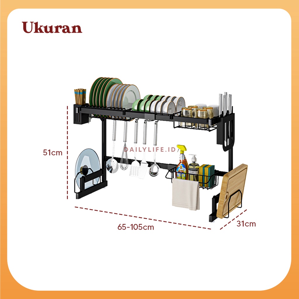 Rak Piring Wastafel Stainless Steel Hitam Peralatan Dapur Kokoh Kuat - ADJUSTABLE DISH RACK - Dailylife.id