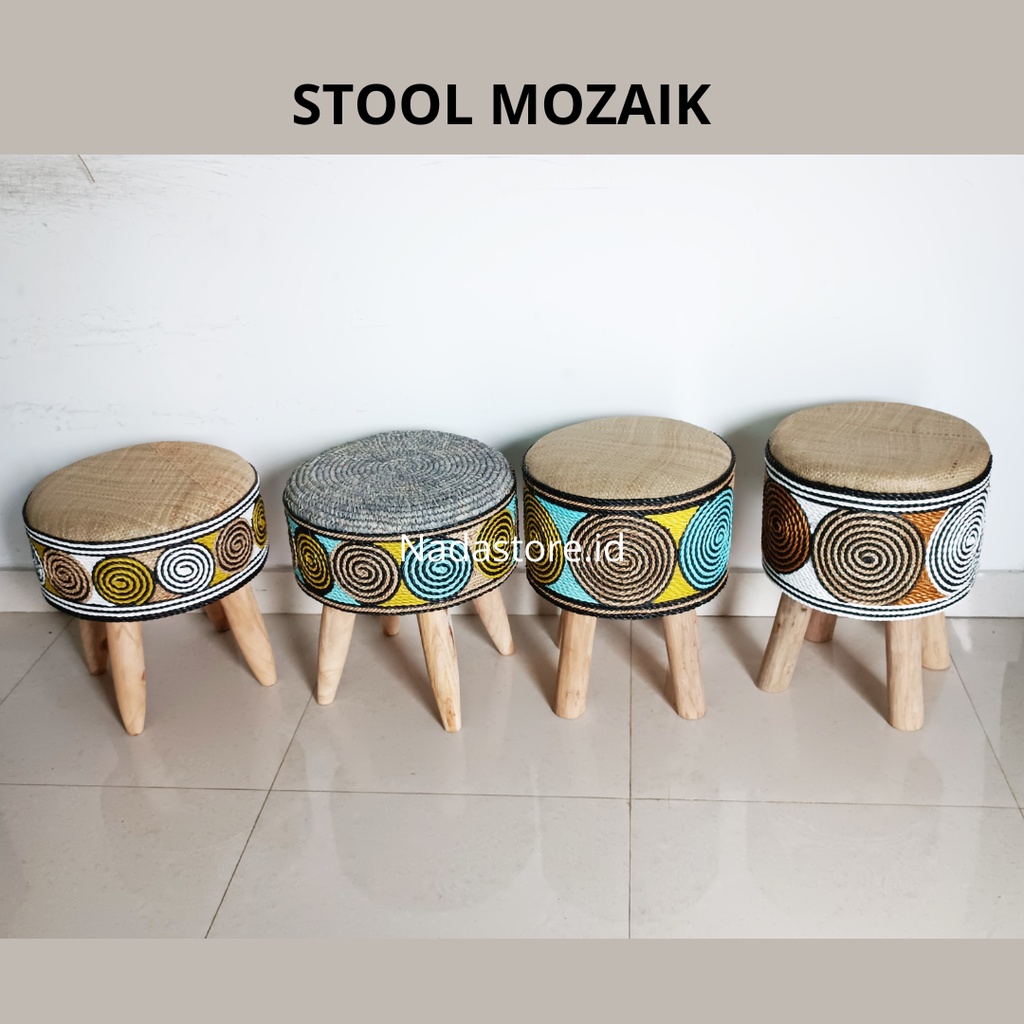 KURSI  BANGKU UNTUK DEKORASI - STOOL MOZAIK - STOOL ANYAMAN MOTIF MOZAIK