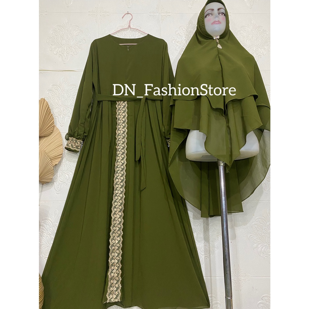 Gamis Syari Ceruty Babydoll Variasi Renda Tengah dan Tangan / Resleting Depan Tangan Kancing mix Rempel