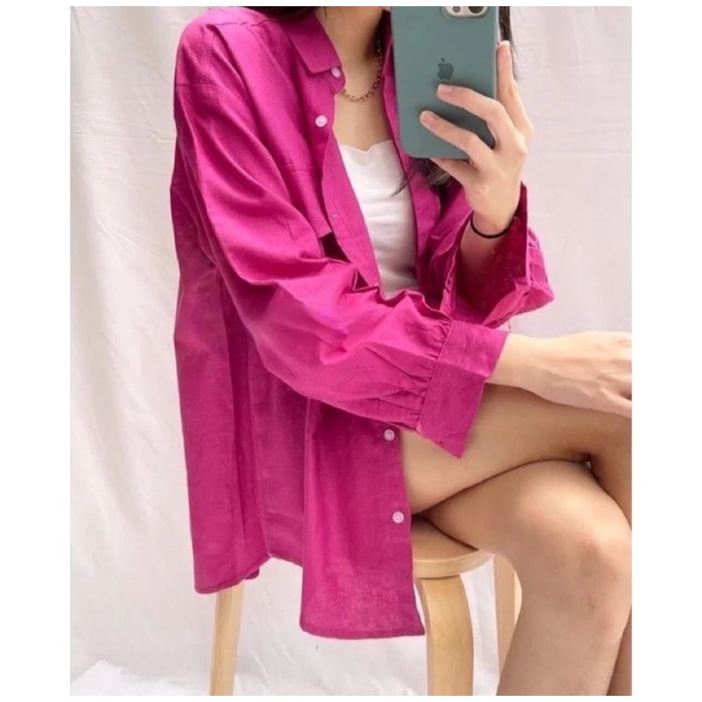 Atasan Kemeja Cewek Kekinian ivana Shirt Bahan Linen Kancing Depan Full Aktif Saku kanan kiri Hidup LD 105 / Baju Wanita Modren Terbaru Busui Friendly / Blouse Terkini / Bluss Ootd