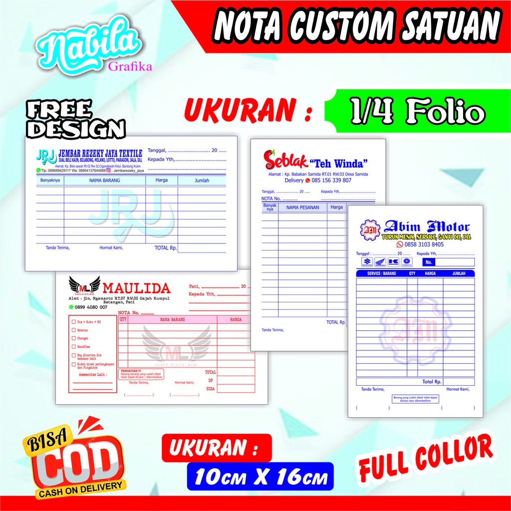 Jual Nota Olshop Nama Sendiri Nota Custom 2 Rangkap Ukuran 1 4 Folio