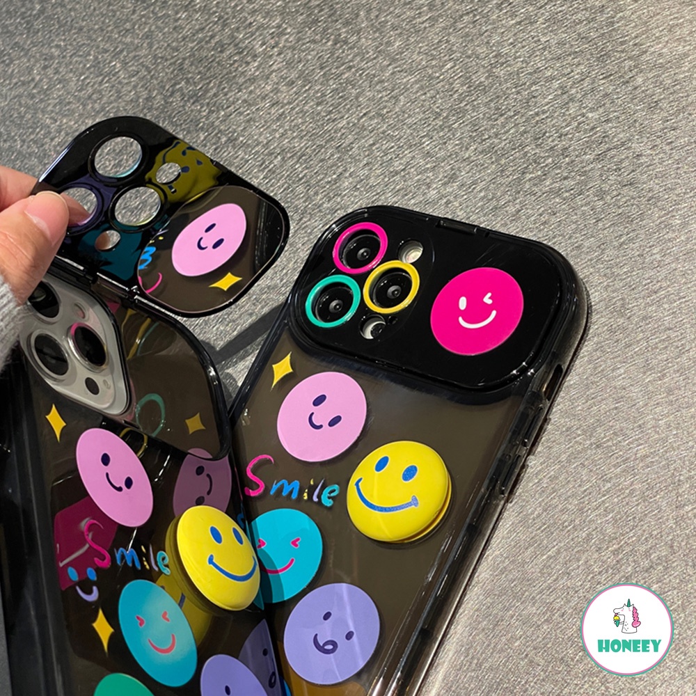 IPHONE Korea Wajah Tersenyum Emoji Tak Terlihat Flip Mirror Phone Case Kompatibel Untuk Iphone14 13 12 11 Pro Max Stand Holder Cermin Adjustable Lembut TPU Penutup Belakang