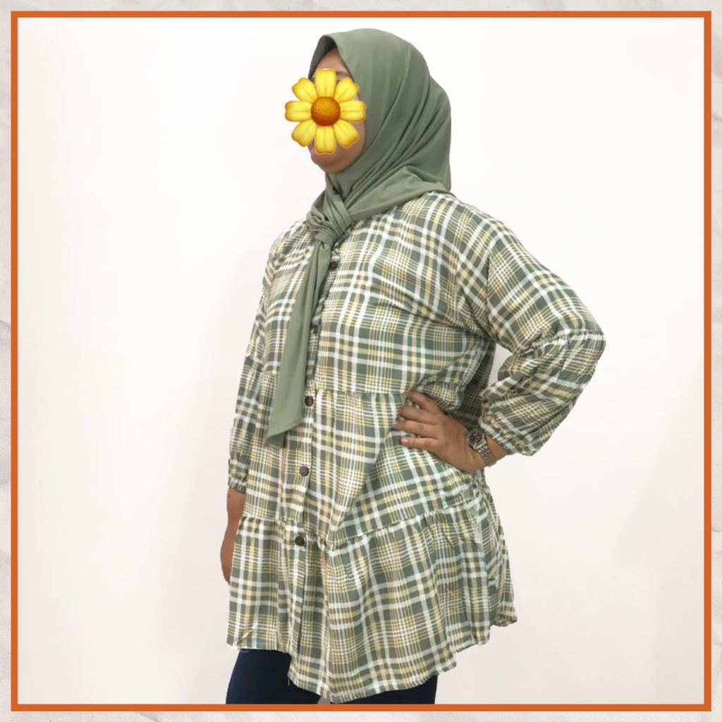 Ezpata Tunik Kemeja Ruffle Wanita Jumbo Bahan Katun Premium Motif Kotak Full Kancing Lengan Karet Busui Wudhu Friendly Terbaru Termurah