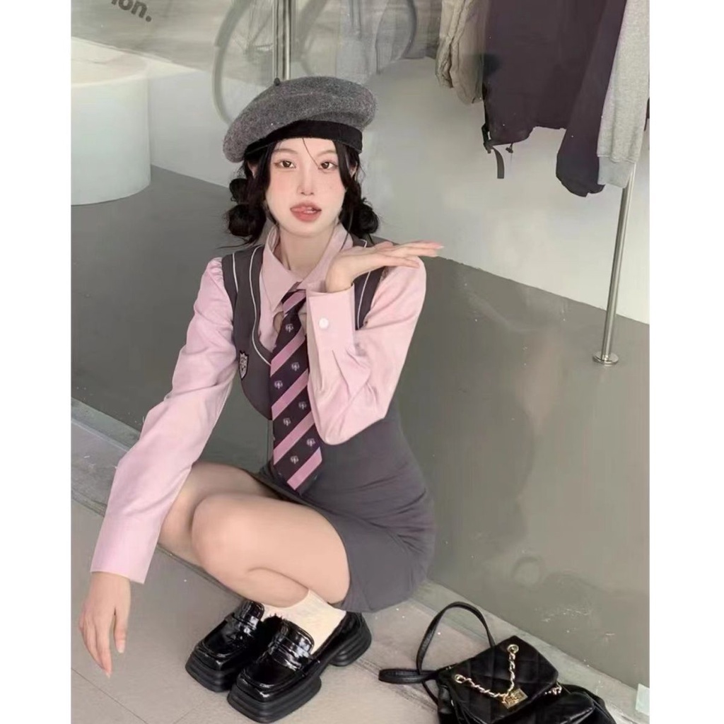 Red kumikumi sweet and spicy style love hollow pink shirt women s autumn slim sundress dress two-piece set