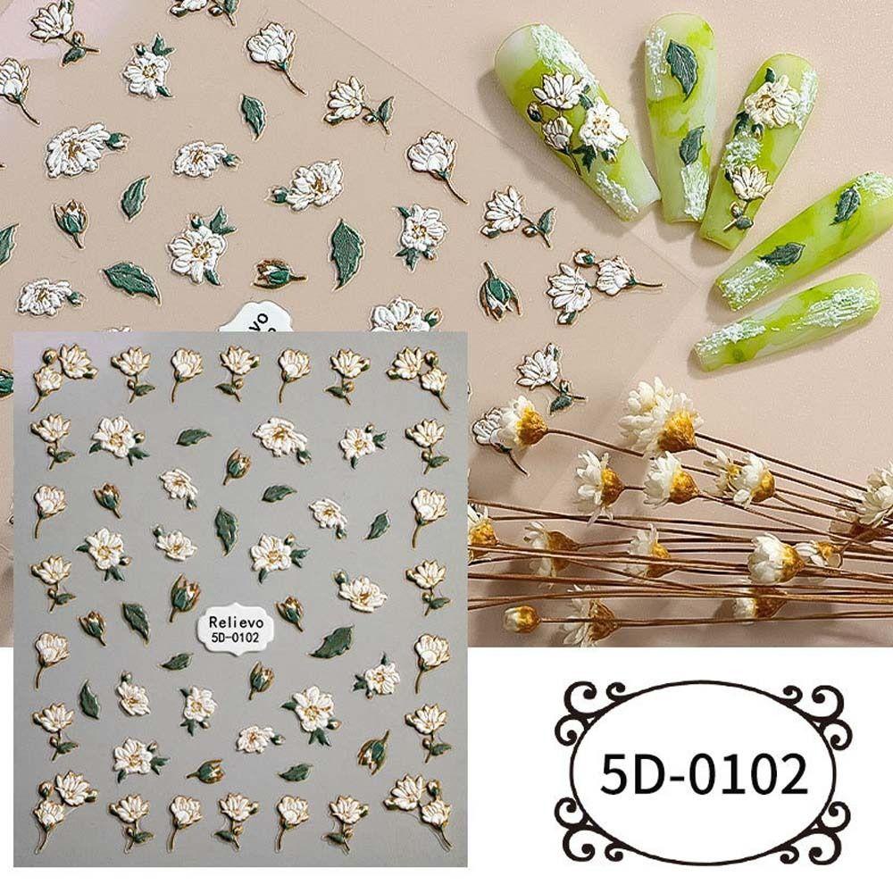 AUGUSTINA Agustina Bunga Stiker Kuku 5D Relief Fashion Rose Flowers Camelia Angel Self Adhesive Nail Art Dekorasi