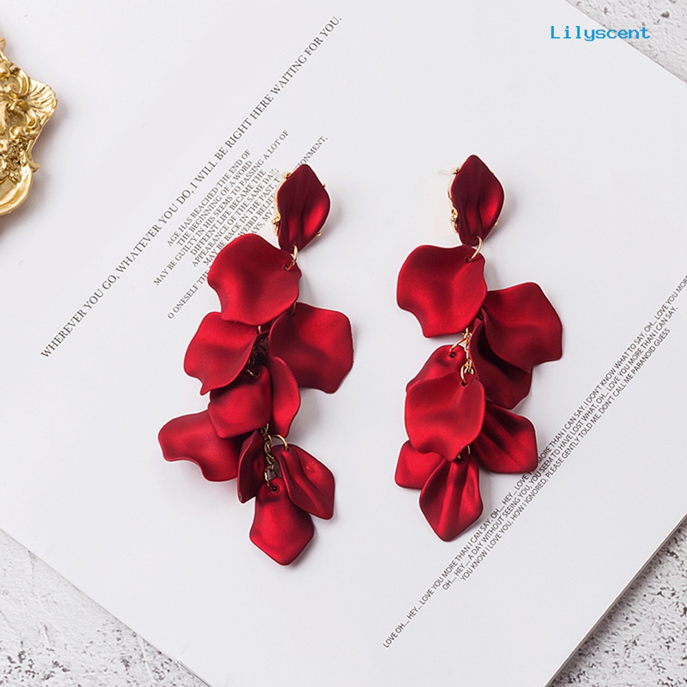 [LS] Vintage Lady Resin Rose Kelopak Bunga Menjuntai Panjang Telinga Stud Earrings Perhiasan Hadiah