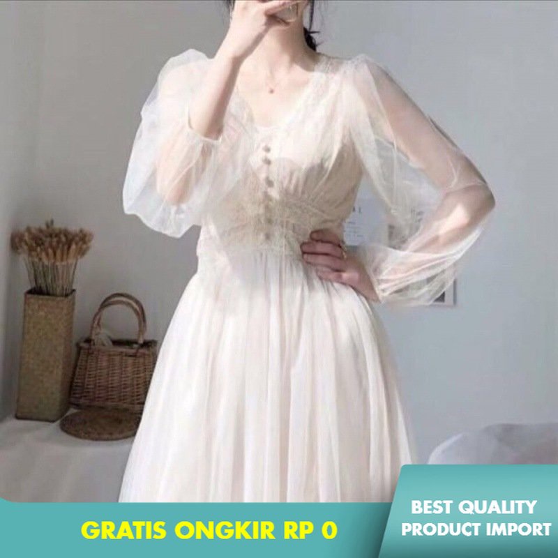 Dress Pantai     Korea Ber Mesh Gaun Panjang  Slim Gaun Putih Renda Jahitan Gaun Pantai Import Berku