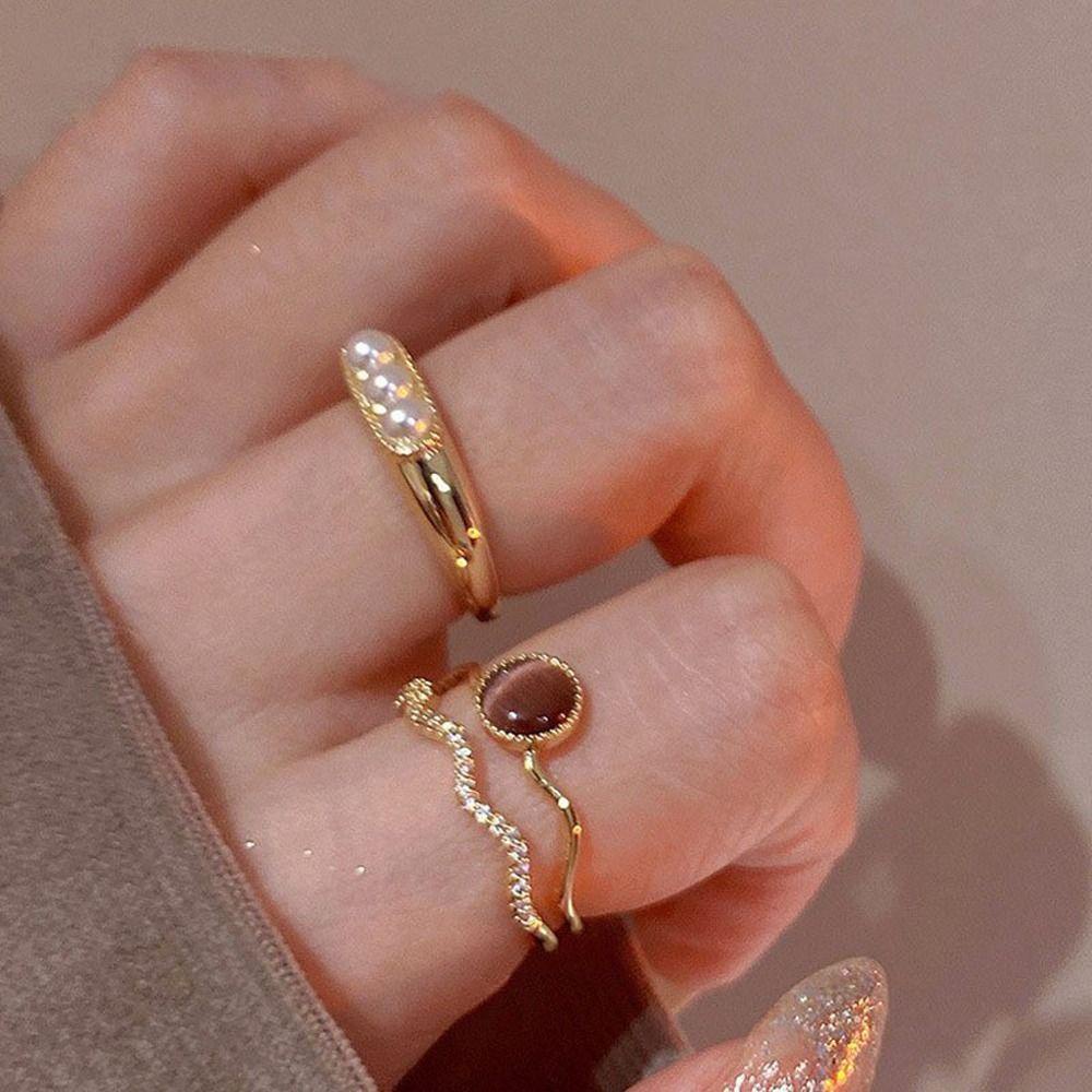 MXBEAUTY Wanita Cincin Dapat Disesuaikan Sederhana Chic Desain Niche Hadiah Gadis Manis Imitasi Mata Kucing Berlapis Ganda Pembukaan Cincin Gaya Perancis Cincin