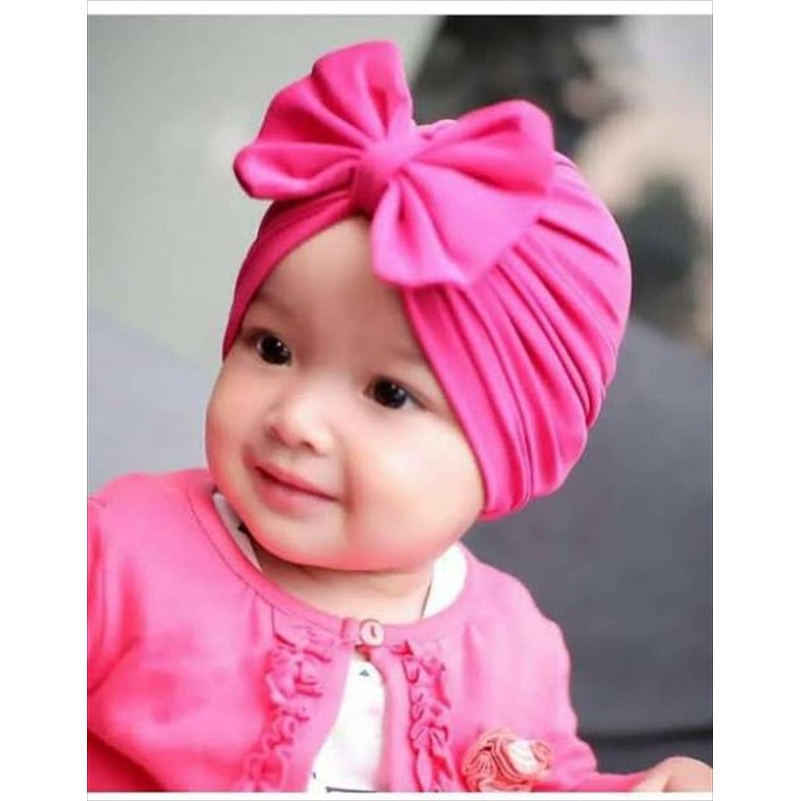 LS 392 B - Turban Bayi Pita Kupu Polos Usia 0-3 Tahun Ciput Baby Topi Anak Perempuan Lucu Unik Imut Kekinian
