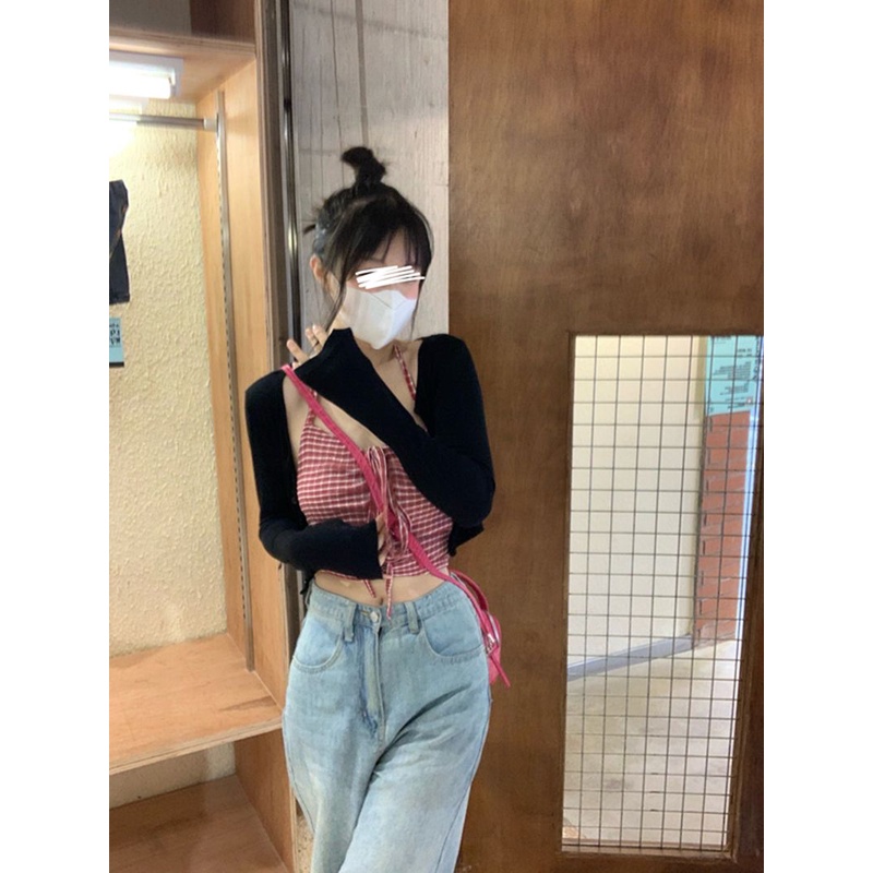 Red Spice Girls Niche Chic Serut Menggantung Leher Suspender Wanita Pakaian Dalam Musim Panas Ramping Desain Serbaguna Rompi Pendek Tanpa Lengan