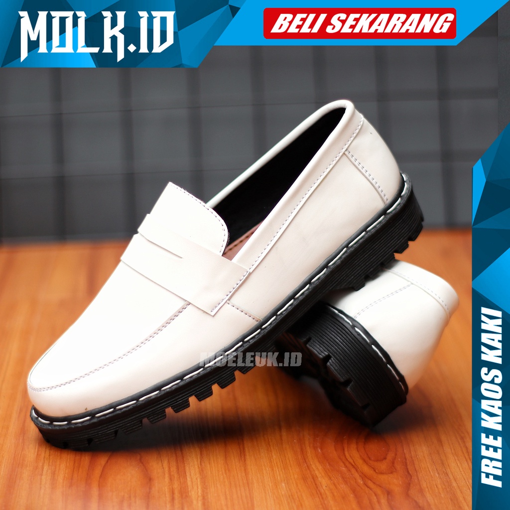 MOLK Sepatu Loafers Pria Kulit Casual Formal Kerja Kuliah Dinas Resmi Hitam Putih